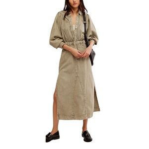 Free People Denim Maxi Dress Button Front Long Sleeve Puff Shoulder Gray‎ Size S